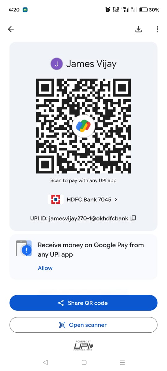 User-supplied UPI payment QR for James Vijay, UPI ID jamesvijay270-1@okhdfcbank